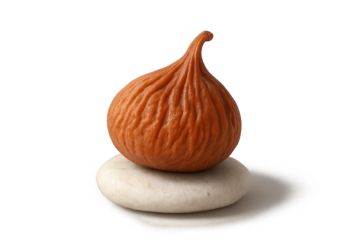 Orange pumpkin-like gourd resting on smooth white stone