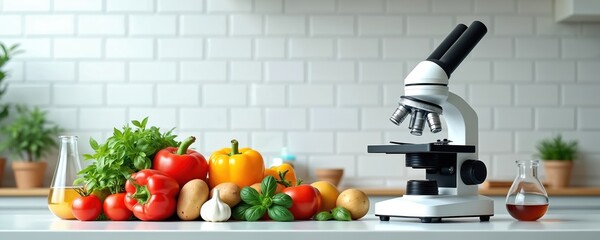 Microscope next to fresh vegetables, laboratory equipment. Science and nutrition research on food safety, quality. Organic produce analysis in lab. Healthy ingredients study.
