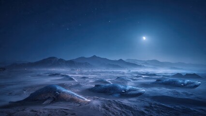 Majestic Nighttime Landscape with Moonlit Mountains and Icy Terrain Under Starry Sky in Serene Winter Atmosphere
