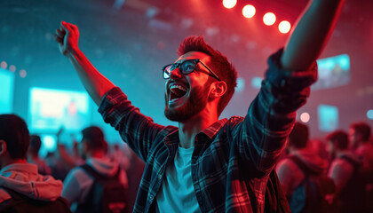 Man rejoices, arms raised high at nighttime esports event, surrounded by cheering crowd. Gamer expresses pure excitement, winning competitive digital game, vibrant arena.