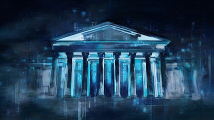 Futuristic government building glows neon blue a digital data dreamscape modern innovation art