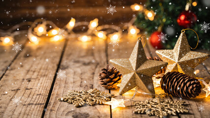 Golden star ornaments, pinecones, and snowflake decorations on a wooden table with fairy lights and Christmas tree in background