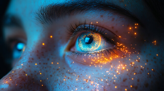 Teenager with activated third eye and digital aura pattern 