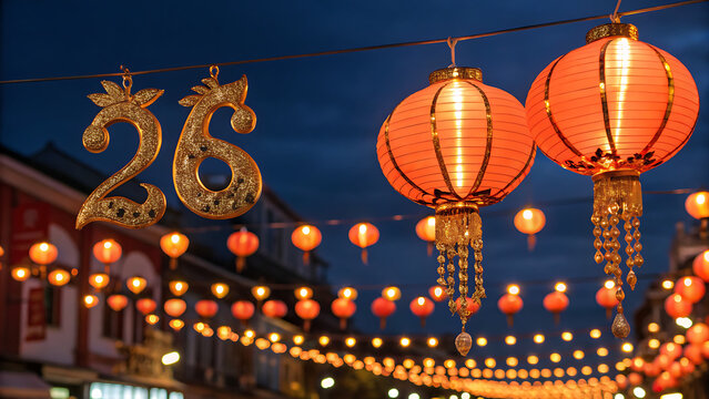Chinese new year decorations with glowing lanterns and gold number 26 at night