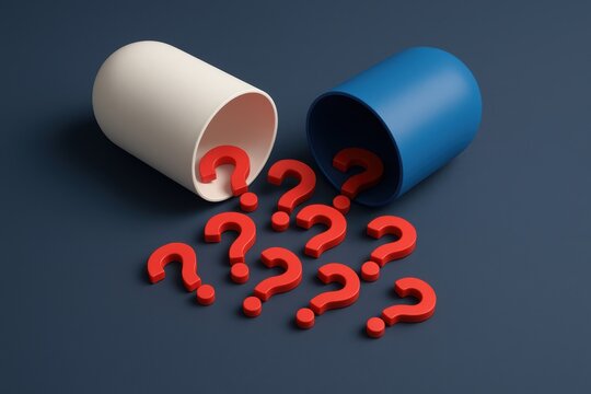 Puzzling Medical Inquiry: The image presents an open capsule spilling forth a cascade of red question marks, against a dark blue background.