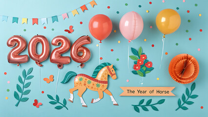 Fototapeta premium Happy new year 2026 celebration with horse zodiac balloons and decorations