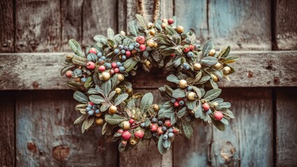 Vintage Holiday Wreath with Berries on Rustic Wooden Door for Festive Christmas Farmhouse Decor and Seasonal Charm