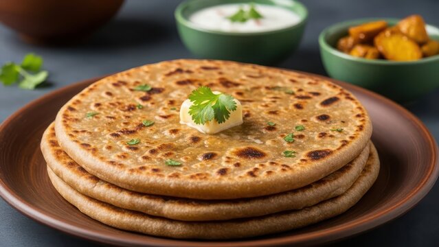 A stack of freshly made indian parathas topped with butter and coriander, ready to be served with side dishes