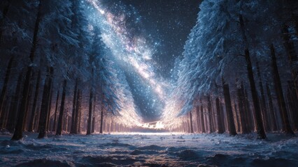 Stunning Winter Forest Under a Starry Milky Way Galaxy Sky with Snow-Covered Trees Creating a Magical Nightscape