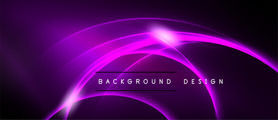 Abstract purple neon curves radiate from central bright point. Dark background creates dramatic visual effect. Modern design element.