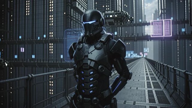 Male astronaut in futuristic black armor stands on a bridge in a cyber city with hologram displays. Sci fi soldier. Digital data visualization concept.