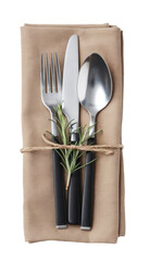 table setting with silverware and rosemary on beige napkin.