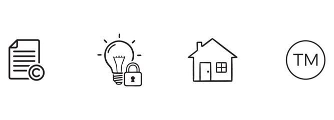 IP Protection Line Icons Set: Copyright, Patent Idea Security, Real Estate, Trademark