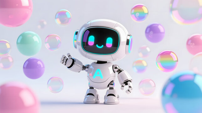 A cute, smiling AI robot stands cheerfully amidst a flurry of floating, iridescent bubbles in pastel colors.