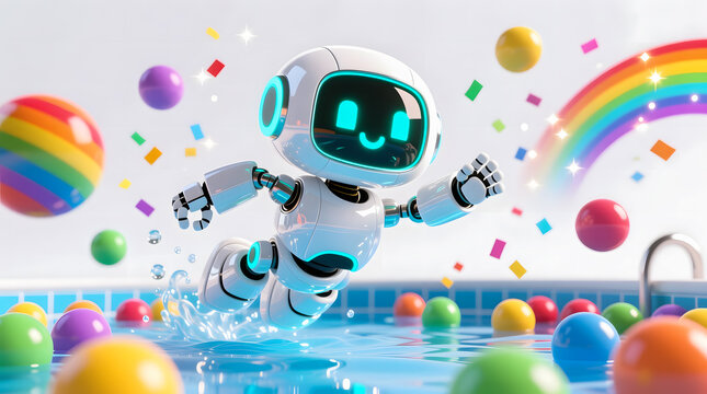 AI Splashdown! An energetic white AI robot jumps playfully into a pool filled with colorful plastic balls, symbolizing fun and excitement.