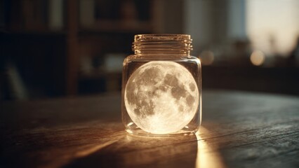 Glowing Full Moon Encased in Glass Jar Illuminating Rustic Wooden Table in Cozy Home Interior Setting