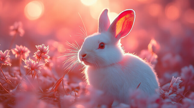 Rabbit with delicate glowing third eye and soft pink background light 