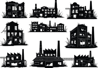 Obraz premium A collection of abandoned and ruined black silhouette buildings, including factories and houses, symbolizing urban decay, economic failure, and derelict property crisis.
