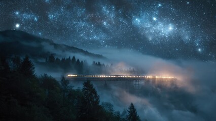 Breathtaking Night Sky Landscape Over Misty Forested Mountains Illuminated by Stars and Distant Light Trail Photography