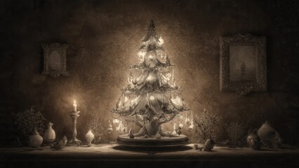 Vintage Sepia Christmas Tree with Candlelight and Holiday Decorations in Nostalgic Festive Interior Setting