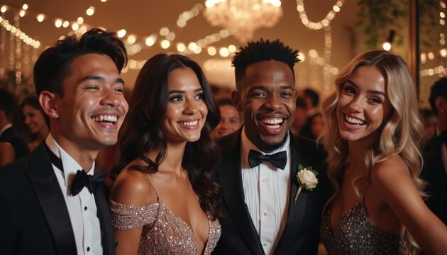 Young adults in formal wear laugh, pose for prom photos. Couples celebrate end of school year with dancing, smiles. Friends enjoy festive night event together, dressed elegantly for special occasion.