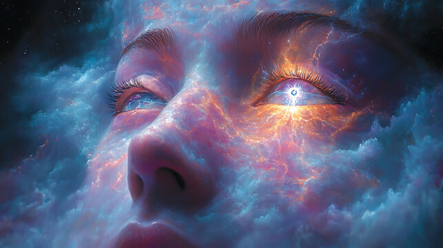 Person in trance state with radiant third eye and spiraling energy 