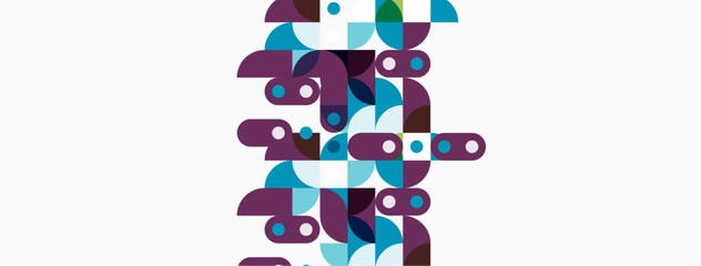 Abstract geometric shapes, purple, teal, brown. Minimalist design, clean lines, modern aesthetic. Composition features overlapping forms.