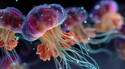 Abstract glowing vegetables floating in holographic environment with neon illumination, futuristic healthy eating and digital nutrition concept generated AI