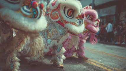 Vibrant Traditional Lion Dance Performance Celebrating Culture and Heritage on Festive Streets with Colorful Costumes and Energetic Movements