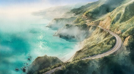 Scenic coastal highway winds through mountains to turquoise ocean watercolor landscape artwork