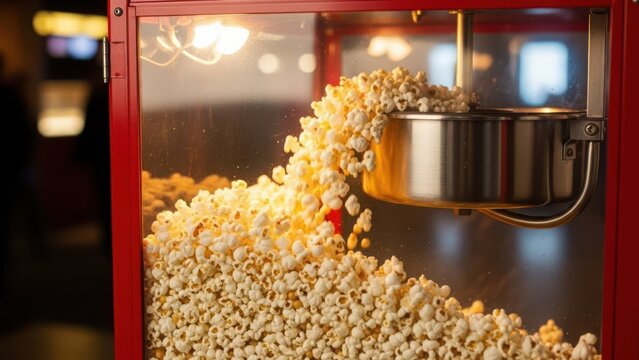 A fresh batch of hot popcorn overflowing from a red popcorn machine at a movie theater or concession stand