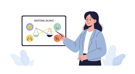 Professional woman presenting emotional balance concept, showing happy, sad, angry icons for mental health awareness in a modern, clean workspace