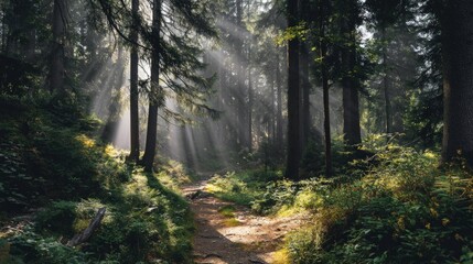 Obraz premium Sunlit Forest Path Winding Through Tall Evergreen Trees.