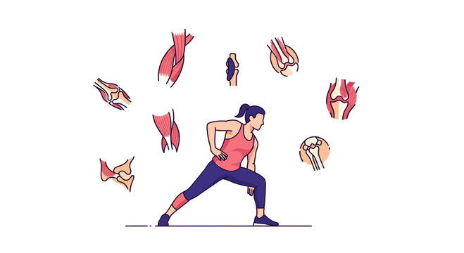 Active woman stretching surrounded by detailed anatomical diagrams of healthy joints and muscles for fitness guides