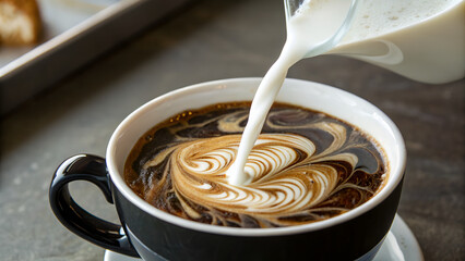 Close up of milk being pured on to hot black coffee.01