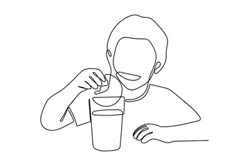 In a continuous line, a boy is dipping a cookie into a glass of milk for breakfast. Single line draw design vector graphic illustration Editable stroke.