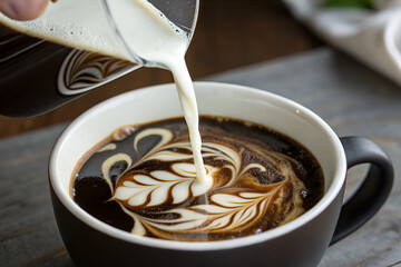 Close up of milk being pured on to hot black coffee.01