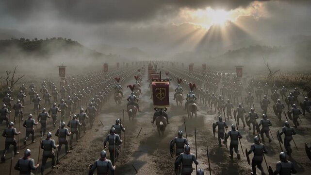 Army of knights on horseback and foot soldiers marching through a misty valley at sunrise for historical war battle.
