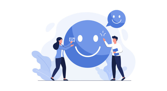 Dynamic team collaborating on customer satisfaction feedback using a giant happy face icon