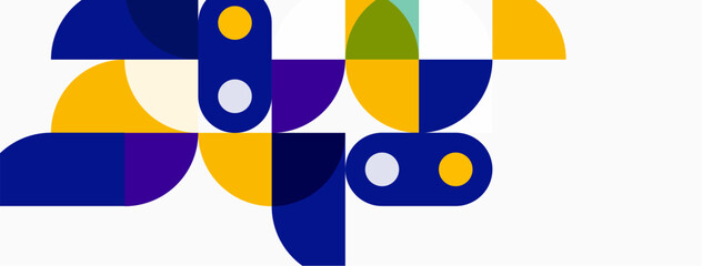 Abstract geometric shapes overlap, creating vibrant color combinations. Composition features curves, circles, plus bold hues.