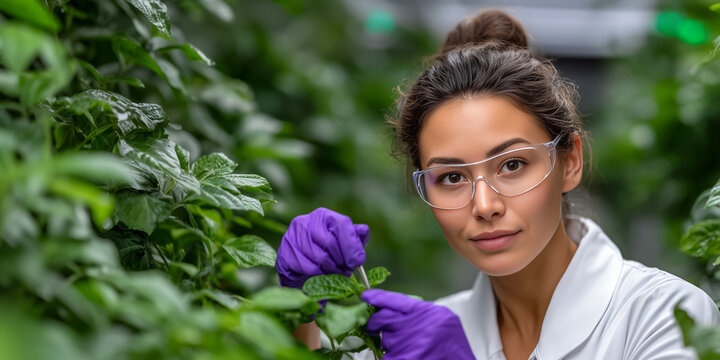 A Latin American agronomist examines plants in a research greenhouse while collecting samples for research. Copy Space about women scientists in biology and plant breeding - Powered by Adobe