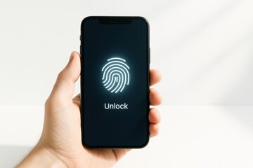 hand holding a modern smartphone displaying an illuminated fingerprint icon and unlock text on the screen representing biometric authentication for digital security. Privacy. And touch id technology