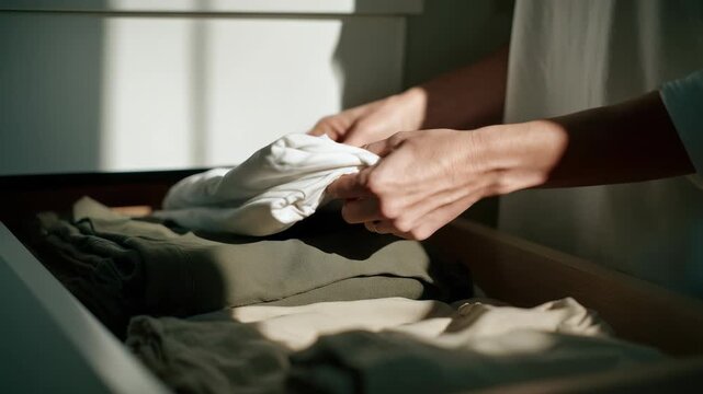 Hands carefully arrange freshly laundered clothing in a tidy drawer, emphasizing order and simplicity. The warm sunlight highlights the peaceful atmosphere of mindful living and decluttering