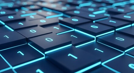 Glowing binary code on a futuristic keyboard representing digital technology and data concept