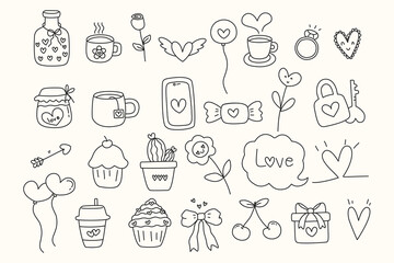 set of hand drawn doodle valentine ornament for design red hearts and flowers valentine day 	