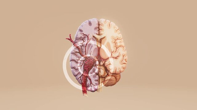 Conceptual 3D animation of a brain with a blood clot causing a stroke