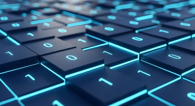 Glowing binary code on a futuristic keyboard representing digital technology and data concept - Powered by Adobe