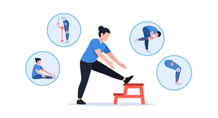 Woman demonstrates dynamic lower body stretching routine with resistance band and step for flexibility training