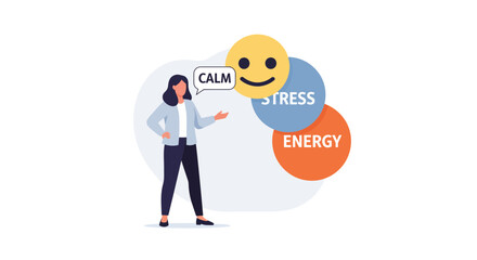 Professional woman explains achieving calm amidst stress and boosting personal energy levels in a modern setting
