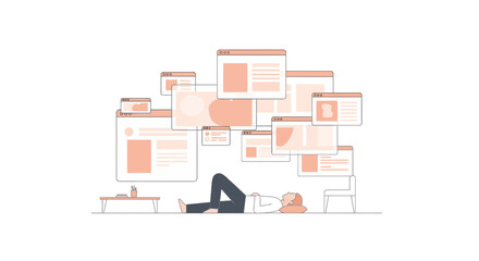 Calm professional relaxing under a cascade of digital application windows symbolizing creative brainstorming and web design process